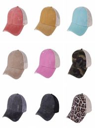 Leopard Ponytail Hats 9 Colours Washed Mesh Camo Messy Bun Baseball Cap Outdoor Sports Trucker Hat CYZ31535147320