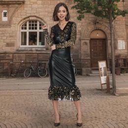 Casual Dresses Women Black Faux Leather Dress Hollow Out Gold Floral Lace Formal Midi Party Patchwork Night Clubwear