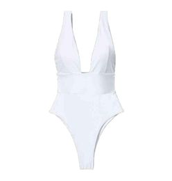 Deep V White Plunging Thong Bathing Suit Women One Piece Swimsuit Bodysuit8125098