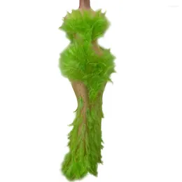 Stage Wear Sexy Green Feather Dresses Women Summer See-througth Mesh Outfits Dress Lady Nightclub Party Singer Costume Celebrate