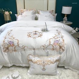 Bedding Sets Luxury European Style White Flowers Embroidery 600TC Satin Silk Cotton Set Duvet Cover Bed Linen Fitted Sheet Pillowcase