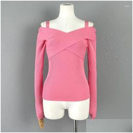 Kadın Sweaters Sweater 2023 Sonbahar Kore Moda Elastik Örme Plover y Kapalı Shoder Uzun Kol Y2K Triko Damla Teslimat Apa DHHCF