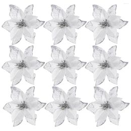 Decorative Flowers 24pcs Glitter Christmas Flower Poinsettias Tree Ornaments DIY Crafts ( Silver ) For The