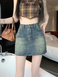 HOUZHOU Retro Denim Short Skirt Women 2024 Summer Vintage Korean Casual High Waist Slim A-line Sexy Mini Jeans Skirt Gyaru