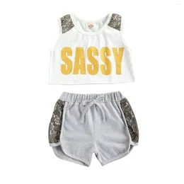 Clothing Sets 2024 Korean Version Of The Girl's Suit Sequins Short-sleeved Letter Printed Shirt T-shirt Solid Colour Shorts