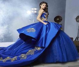 Royal Blue Ball Gown Quinceanera Dresses Sweetheart Embroidery Appliques Beading Gold Satin Tulle Luxury Sweet 16 Dresses Sweep Tr7833792