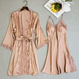 Sexy Lace 2PCS Robe Set Nightgown Spring Summer Kimono Bathrobe Gown Casual Satin Home Dressing Gown Lounge Wear