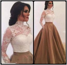 2020 Stylish Saudi Arabia High Neck Long Sleeves Evening Dresses White Top Lace With Gold Skirt Ball Gown Prom Gowns Special Occas2382358