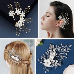 Flower Leaf Hair Comb Bridal Hairpin Bridal Crystal Hair Ornaments Pearl Tiara Rhinestone Hair Comb Bridal Hair Accessories