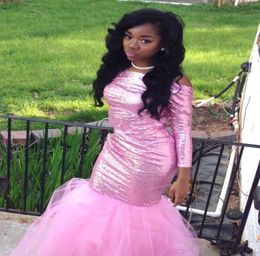 Amazing Pink Sequined Prom Dresses 2016 with Long Sleeve custom made Sexy backless tulle Formal Black Girl Party Gowns5438185