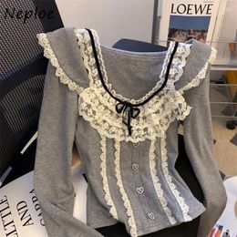 Women's T Shirts Neploe Sweet Lace Square Collar Bow T-shirts 2024 Spring Slim Fit Single Breasted Tops Women Y2k Long Sleeve Tee Shirt