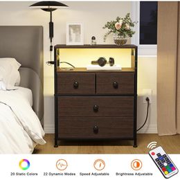 Nightstand with Charging Station, Bedside Table with 4 Drawers and 2-Tier Shelf, Nightstand