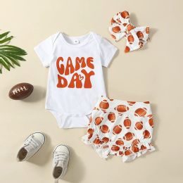 Shorts 02Y Infant Baby Girl Game Jumpsuit Outfits Letter Print Short Sleeve Romper+ Football Shorts + Bow Headband