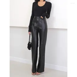 Women's Pants Genuine Leather Spring And Autumn Style Sheepskin Straight Tube Suit Vertical Stripes Slimming Long Legs