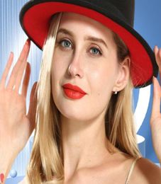 Outer Black Inner Red Flat Brim Sombreros Flat Top Felt Boater Hat Womens Lady Imitate Wool Fedora Hats with Black Ribbon3902001