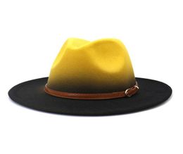 Flat Brim Gradient Fedora Hats with Browm Belt Women Men Spray Painted Faux Wool Felt Jazz Cap Panama Style Party Formal Hat1226872