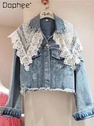 Women's Jackets Lace Sweet Denim Coat Spring Autumn Heavy Industry Beads Diamond-Embedded Loose Lapels Single-Breasted Doll Collar Jacket