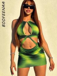 Casual Dresses BOOFEENAAhollow Out Halter Backless Mini Dress Sexy Night Club Outfits Green Print Summer For Women 2024 C16-BE15