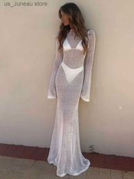 Basic Casual Dresses Long Slve Knit Beach Dress Women Sexy S Through Slim Maxi Dress Summer Elegant Solid Backless Long Dress Holiday Outfit 2024 T240412