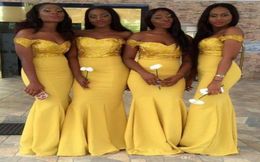 New Yellow African Mermaid Bridesmaid Dresses Sequined Off Shoulder Pleats Backless Sweep Train Zipper Maid Of Honour Dress Custom 2359111