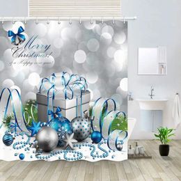 Shower Curtains Happy Merry Christmas Silver And Blue Xmas Ball Gift Box For Year Bath