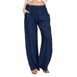 Women's Pants Summer Cotton Linen Wide Leg Women Loose Palazzo Pant Pocket Elastic Waist Button Casual Elegant Woman 2024