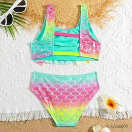 Two-Pieces Girls Fish Scale Mermaid Bikini Swimsuit Kids Ombre Ruffle Two Piece Childrens Swimwear 4-18 Years Teenagers Swim Bathing Suit