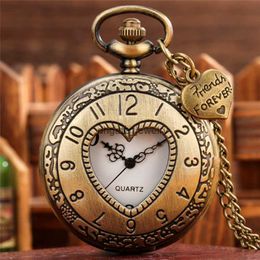 Vintage Pocket Watch Carved Arabic Number Case Mens Womens Analogue Quartz Display Clock with Pendant Heart Necklace Chain Gift