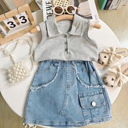 Clothing Sets 2024 Summer Girls' Set Fashionable Polo Collar Sleeveless Top Denim Bag Skirt Two Piece Girls Clothes