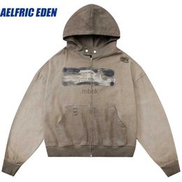 Sweatshirts Mens Jackets Aelfric Eden Ripped Distressed Zip Washed Hooded Vintage Zipper Hoodies Streetwear Hip Hop Sweatshirt Y2K Harajuku Cotton Hoodie 240412