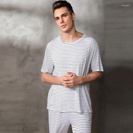 Home Clothing Striped Casual Mens Sleeping Pajama Set Short Sleeve Pajamas With Pants Round Neck 2 Piece Summer Wear