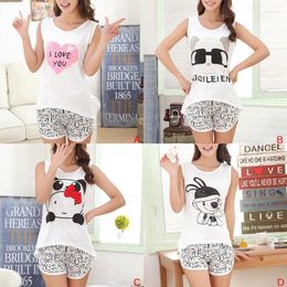 Home Clothing Summer Women Cute Cartoon Pyjamas Set Sleeveless Cotton Girl Pajamas Suit Sleepwear Female T-Shirt Short