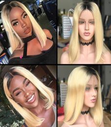 Honey Blonde Ombre Bob Human Hair Wigs 8quot 180 Density Short Dark Roots Blonde 1B613 Lace Front Wigs Glueless with Baby Hair7558076
