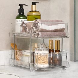 2 Tier Clear Organizer with Dividers for Cabinet / Counter, MultiUse Slide-Out Storage Container - Kitchen Under Sink Organizing