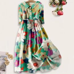 Casual Dresses Women Bohemian Dress A-line Style Cartoon Flower Printed Midi With Lace-up Belt For Dating