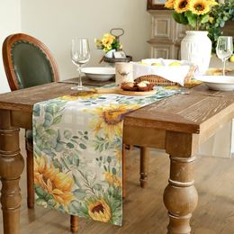 Sunflowers Eucalyptus Summer Linen Table Runner Spring Farmhouse Holiday Kitchen Dining Table Decor Indoor Outdoor Wedding Party
