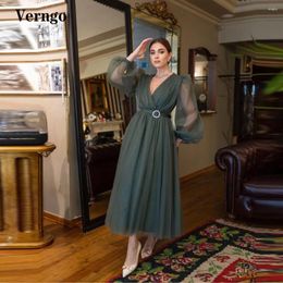 Party Dresses Verngo 2024 Modest Dark Green Tulle Prom Puff Long Sleeves Ankle Length Formal Gown Women Simple Evening Dress