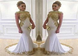 Saudi Arabia Mermaid Evening Dresses Gold Lace Appliques Women Wear Shiny High Neck Cap Sleeve White Dubai Formal Prom Gowns Plus 3804957