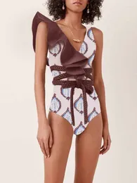 Women's Swimwear Fashion Contrasting Print Bikini Ruffle Strap Sexy Deep V-Neck One-Piece Designer Beach Vacation Swimsuit