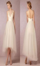 Simple Beach Wedding Dresses Plunging Neckline Sleeveless Wedding Gowns With Tiered Tulle Ruffle TeaLength Custom Made Bridal Gow6703179
