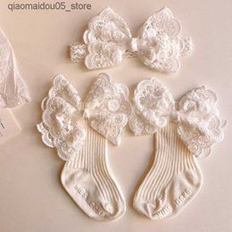 Kids Socks 2 pieces of butterfly lace baby socks newborn cotton baby girl socks headband cute princess style baby socks baby accessories Q240413