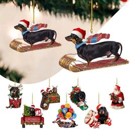 Decorative Figurines Christmas Cartoon Dachshund Dog Ornament Xmas Tree Creative Car Pendant Bag Key Chain Acrylic Flat Home Decorations