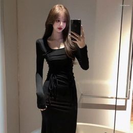 Casual Dresses Black Women Autumn Vintage Elegant Slim Fashion Shirring Party Temperament French Style Long Sleeve Clothing