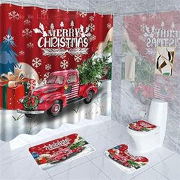 Shower Curtains Red Vintage Truck Curtain Set Includes Carpet Toilet Seat Cover Bath Mat Waterproof Christmas