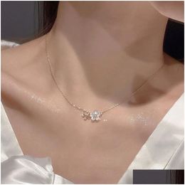 Pendant Necklaces 2024 New Fashion Trend Unique Design Elegant Delicate Zircon Cherry Blossom Women 14K Yellow Gold Necklace Jewelry P Dhx9S