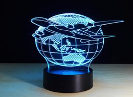 Fly The World Earth Globe Aeroplane 3D LED Lamp Art Sculpture Lights In Colours 3D Optical Illusion Lamp4892305