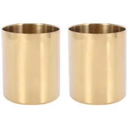 Decorative Flowers 2-Piece Pencil Cup Holder Pen Pot Makeup Brushes Desk Stationery Organiser Stainless Steel (Gold)