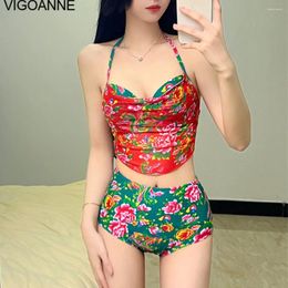 Women's Swimwear VigoAnne Print Sexy 3 Piece High Waist Skirt Bikini Set Women 2024 Tied Halter Swimsuit Push UP Backless Korean Bathing