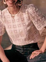 Women's Blouses Clearance Price Women Lace Crochet Hook Puff Sleeve Shirts French Hollowed Out Top