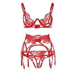 Women Mesh Lingerie Sets Floral Embroidery Transparent Adjustable Strappy Bra And Panty Set Garter See Through Erotic Costumes